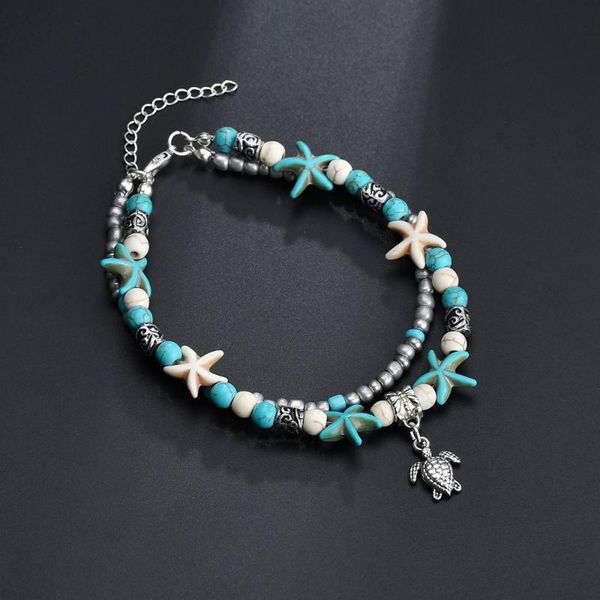 

europe and america fashion double layer anklet conch starfish bead yoga beach turtle pendant anklet bracelets, Red;blue