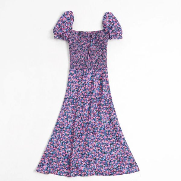 

2020 women vintage french flower print side split midi dress chic female puff sleeve elastic square collar retro dresses ds3695, Black;gray