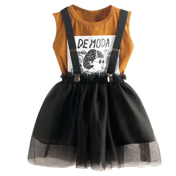 

two piece vest strap net skirt girl t-shirt kids set casual girl outfit summer clothes s7jn, White