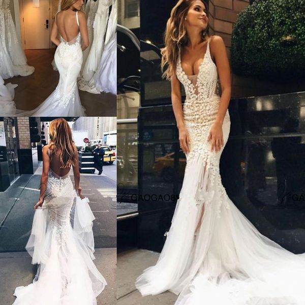 Pallas Couture 2020 Abiti da sposa da spiaggia con sirena in pizzo floreale lungo treno Custom Make Scollo a V Abito da sposa a coda di pesce a figura intera 2044