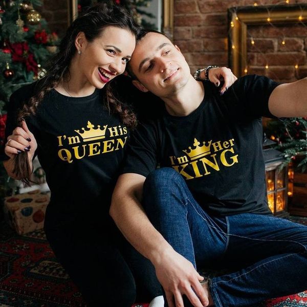 

t shirt women summer style 2019 cotton print his queen her king crown harajuku o-neck couple tees plus size short sleeve clothes, White
