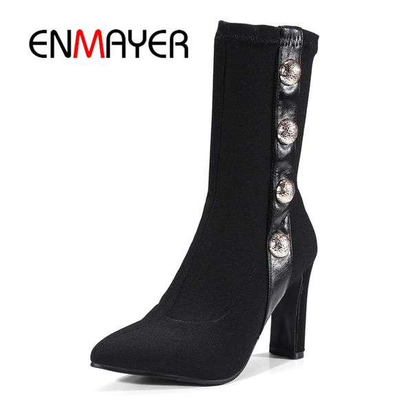 

enmayer women ankle boots big size 32-43 winter pointed toe high heels slip on flock fashion boots metal spike heels cr1321, Black