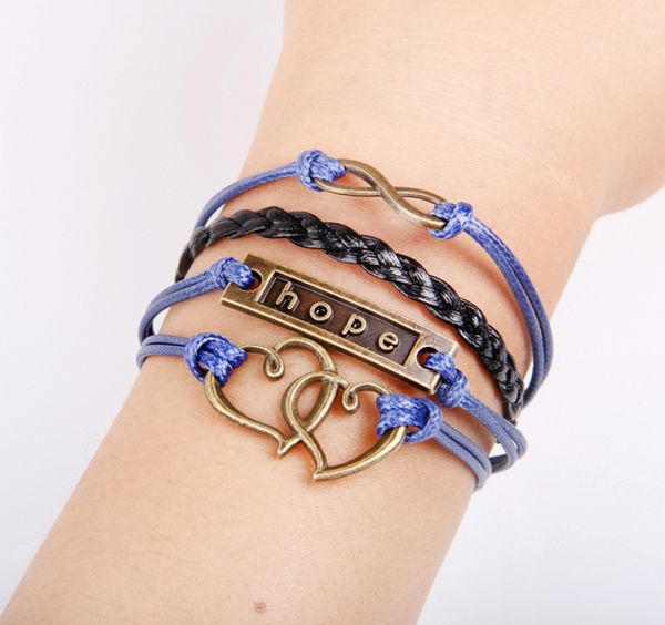 

psl252 hope infinity double heart fashion jewelry vintage bronze leather charm bracelet & bangles, White