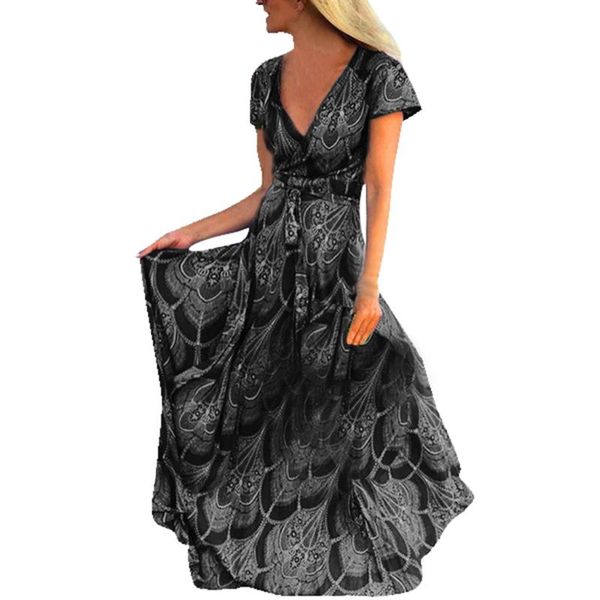 

summer dress women vintage ladies long maxi dress bohemian fashion short sleeve print women dresses beach a9, Black;gray