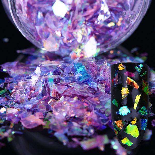 

1box 0.9g nail flakies irregular paillette fluorescent glass paper purple green blue white nail art glitter sequins flakes, Silver;gold