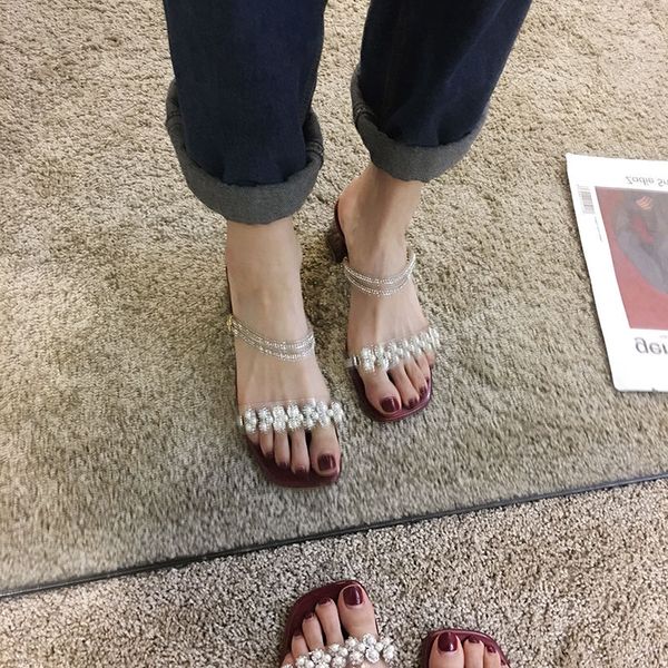 

2020 new spring korean fashion pearl rhinestone chunky-heel heel red sandals tide word slippers female outer wear, Black