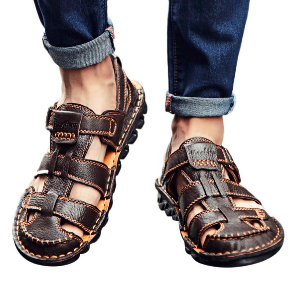 

2019 comfortable handmade men sandals summer mens leather sandals flats beach walking non-slipsoft bottom casual shoes big size, Black