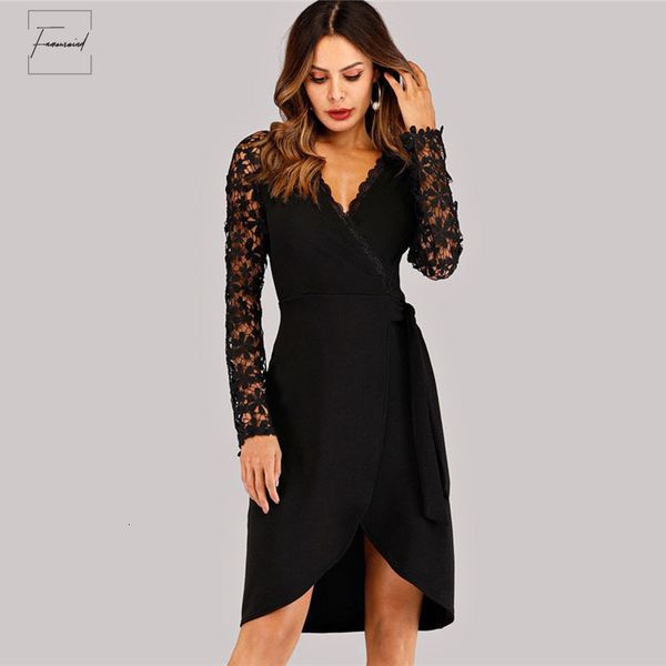 

black v neck lace dress women summer a line party wrap ladies dresses womens clothing elegant long sleeve dress, Black;gray