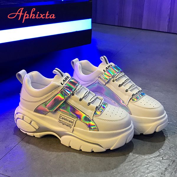 

aphixta new platform sneakers ultra-light trend women shoes bling explosions thick-soled lace-up high-heeled ladies shoes woman, Black