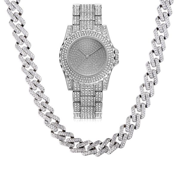 

hip hop necklace +watch+bracelet bling iced out miami zircon cuban full pave rhinestone men bracelet necklace for men jewelry, Silver
