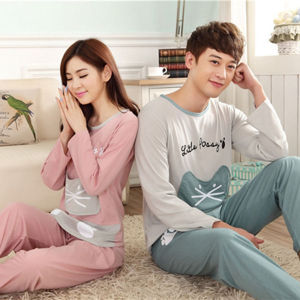 

couple pajamas sets cute cat letter printed patchwork autumn winter pyjamas comfy milk silk fabric long sleeve women sleepwear, Black;red