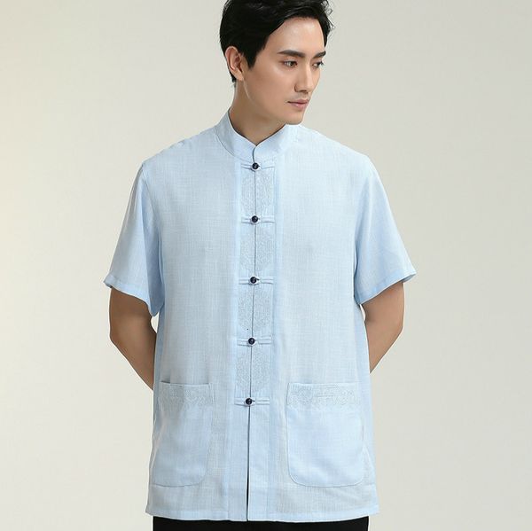 

chinese style mens shirt cotton linen short sleeve stand collar vintage casual men shirts chinese traditional clothing for men, Red