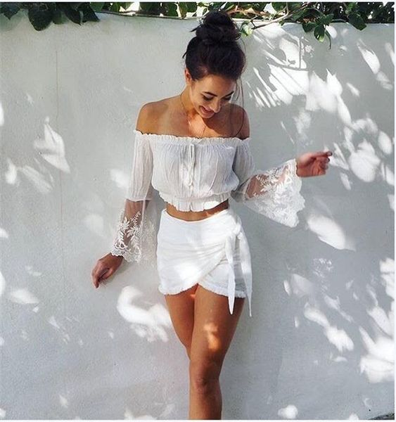 

fashion-summer blouse women slash neck lace patchwork long flare sleeve blusas women crop chiffon shirt feminina, White