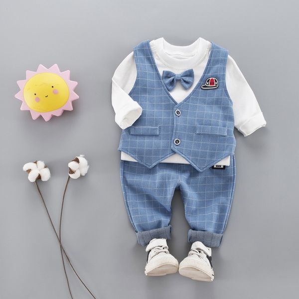 

baby boy clothes2019 new spring and autumn gentleman version 0-4 years old baby plaid vest three pieces, White