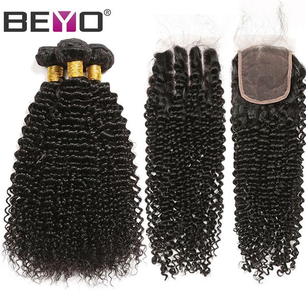 

малазийский волос пучки с закрытие человеческого 3 волос пучки с закрытием afro kinky завитые с 4x4 кружева закрытие remy beyo, Black;brown