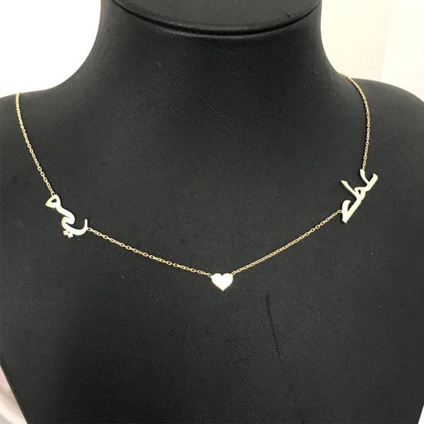 

islam jewelry custom double names necklace with a heart arabic name necklace gold stainless steel chain chokers maxi colar, Silver
