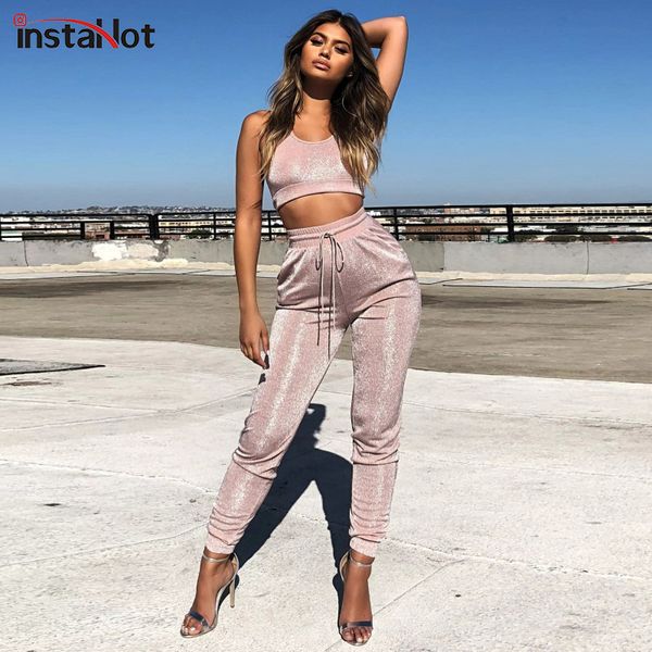 

instahot розовый серебряный bling сексуальный 2 частей комплект женщины низкая вырезать топы шнурок карандаш брюки леди свободного покроя мо, White