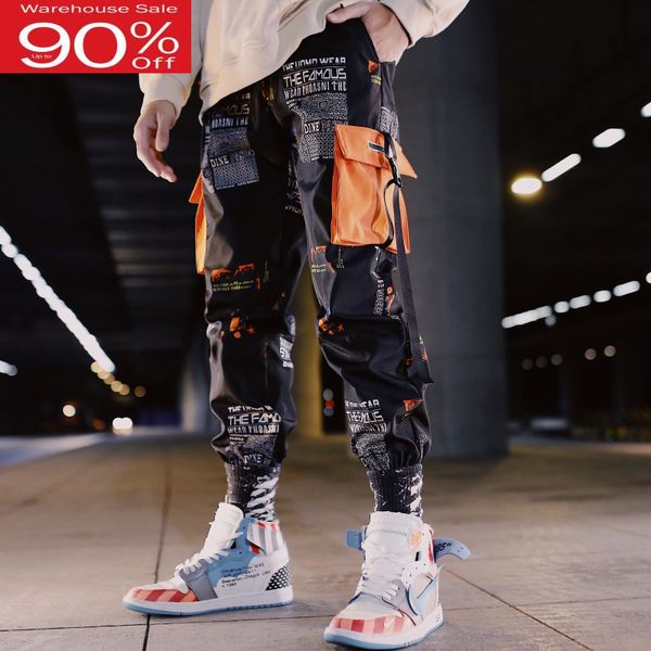 

men's pants men cargo 2021 spring and autumn hip hop letter trend pockets male ankle-length korean style n11, Black