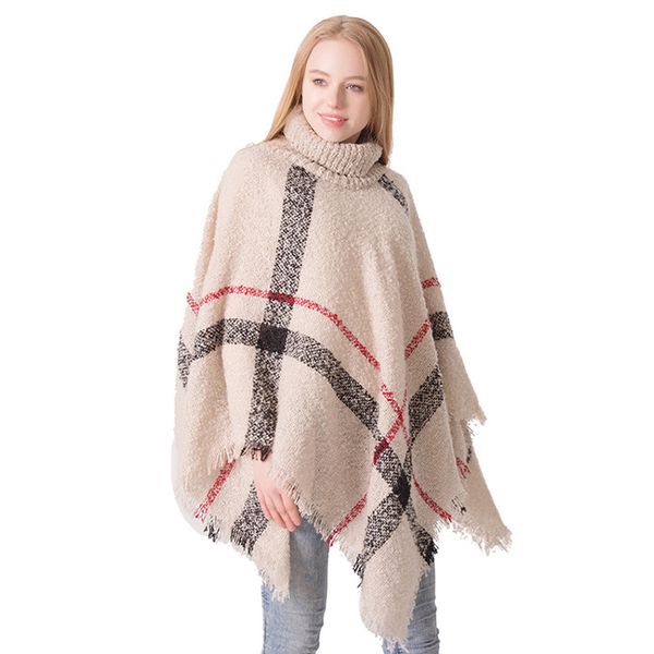 

european and american-style spring and autumn new european and american fan turtle-neck plaid loose-fit sweater fringed plaid shawl cape, Blue;gray