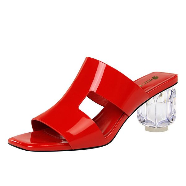 

crystal heel slides women patent leather slippers 6.5m chunky high heel open toe mules summer popular female ladies shoes, Black