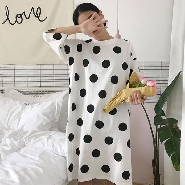 

plus size women nightgowns letter print cotton nightdress summer long dress short sleeve ladies sleepwear sleepshirt, Black;red