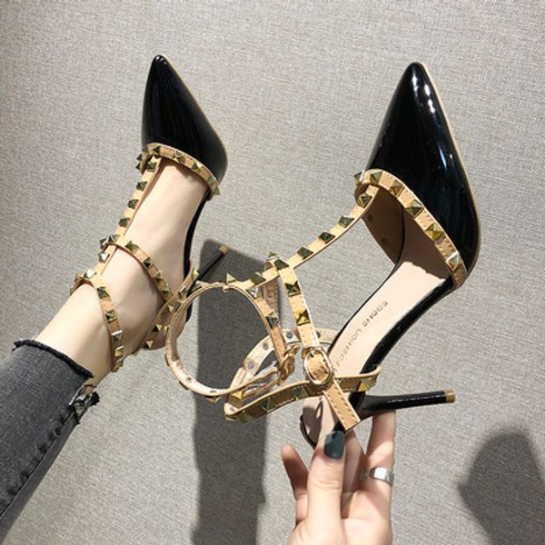 

rivet high heels summer fine with spring liu ding pointed shallow mouth single shoes female 2020 spring new women's shoes, Black