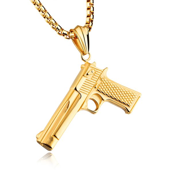 

men's hip hop pistol shape pendants necklace 316l stainless steel 18k gold plated street dance jewelry, Silver