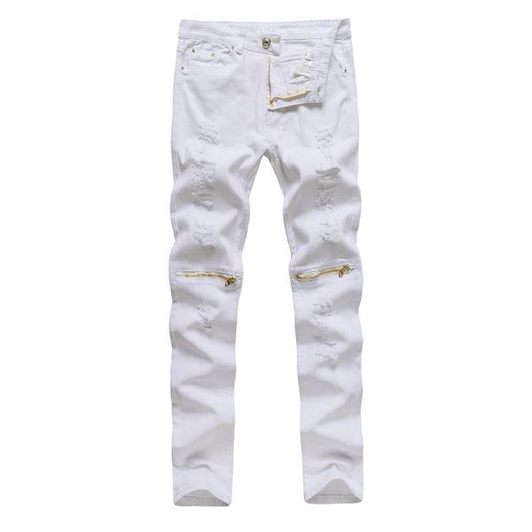 

mens pants fashions men streetwear zipper biker jeans men slim skinny destroyed jeans pants male hip hop long black white