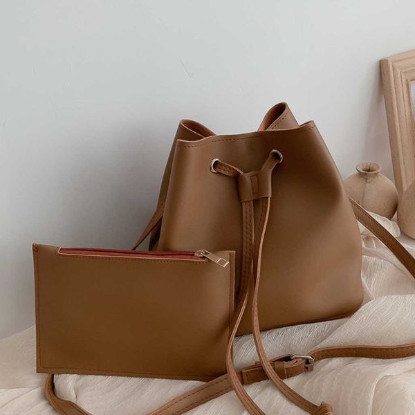 

women's new solid color shoulder messenger bag 2pc fashion simple bucket bag