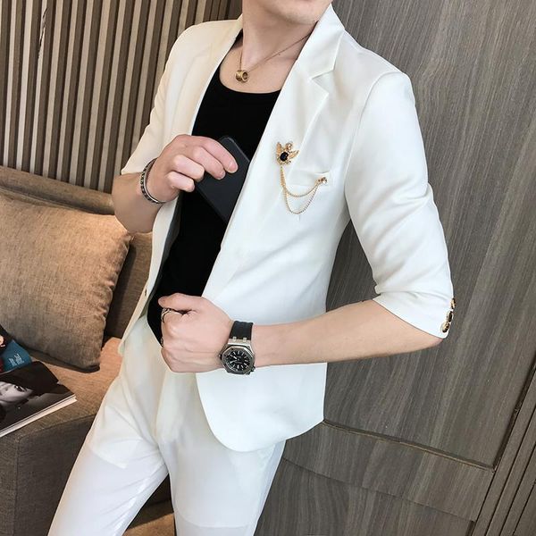 

6 clors half sleeve men wedding suit summer male slim fit suits for men business formal party skinny jacket with ankle pants, White;black