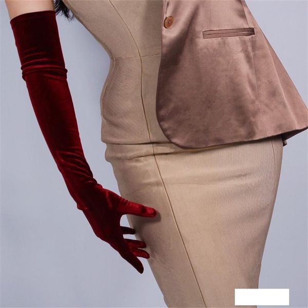 

60cm velour gloves extra long section wine red over elbow female high elastic swan velvet gold velour touchscreen woman wsr03, Blue;gray