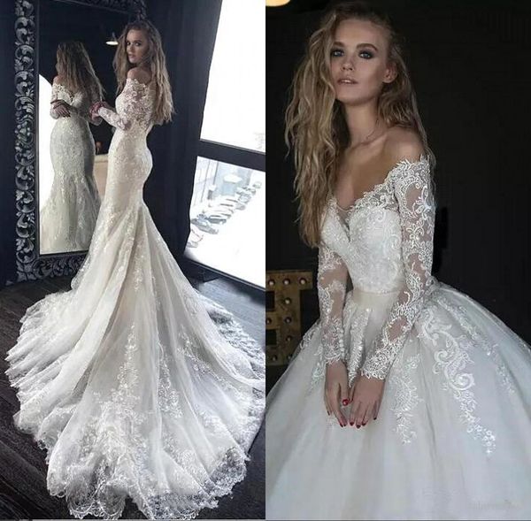 

custom long sleeves mermaid lace wedding dresses 2019 with appliques off shoulder sweep train detachable skirt wedding bridal gowns, White