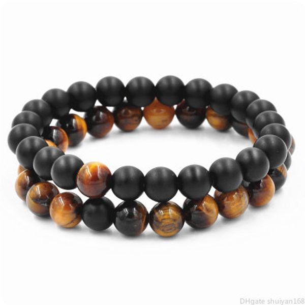

black lava stone couple beads bracelet set 8mm natural stone beaded elastic rope bangle for men women jewelry valentine's day gift, Golden;silver