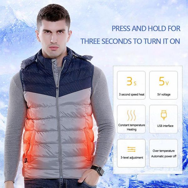 

usb smart heating vest coat men solid color matching hooded men's electric casual vest winter heating clothes chalecos, Black;white