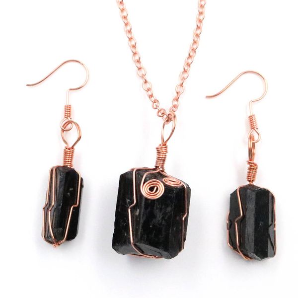 

fyjs unique rose gold color wire wrap jewelry sets irregular shape black tourmaline stone necklace earrings, Silver