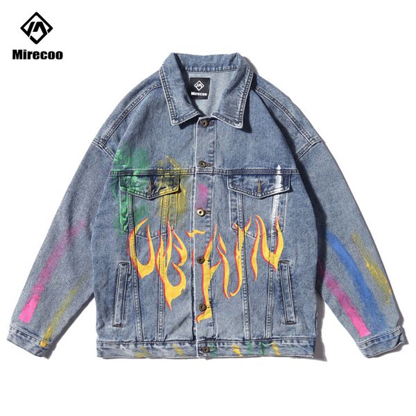 

men denim jacket rainbow graffiti fire flame print mens cowboy jacket single breasted hip hop male jackets and coats streetwear, Black;brown