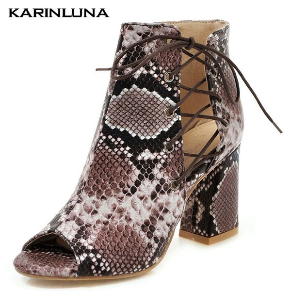 

karinluna fashion plus size 34-43 peep toe women shoes trunky high heels spring boots zip up shoes woman, Black