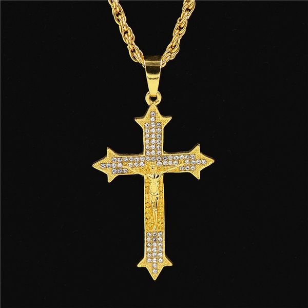 

selling european and american hip-hop pendant wholesale with rhinestone jesus cross hip hop necklace color preservation plating, Black