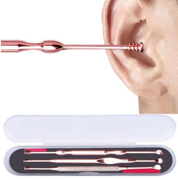 

3pcs/set stainless steel ear pick double-ended ear wax curette remover cleaner spoon spiral ear clean tool