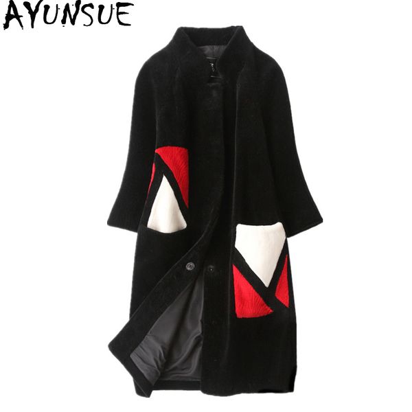 

ayunsue women's fur coat winter jacket women 2019 natural sheep shearing fur coats long warm real wool jackets overcoat 6803, Black