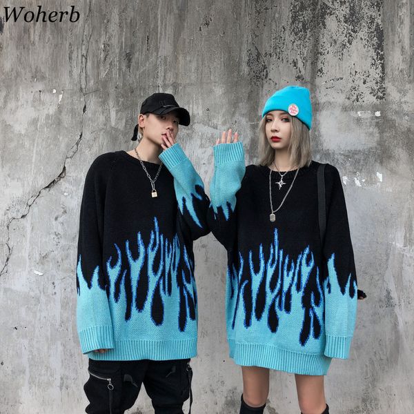 

woherb autumn winter harajuku flame knitting sweater casual women man pullovers hip hop high streetwear sweater jumper, White;black