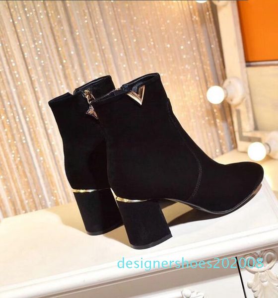 

5cm high women leisure short ankle boots side zipper luxury designer sheetmetal high heels boot plus size 41 42 d08, Black