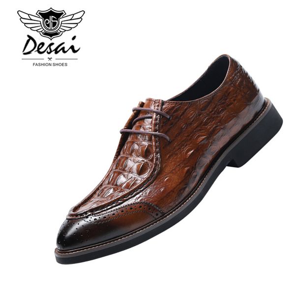 

men's crocodile pattern cow leather shoes business formal lace-up shoes men 2019 british brogue casual oxfords eur size 38-44, Black