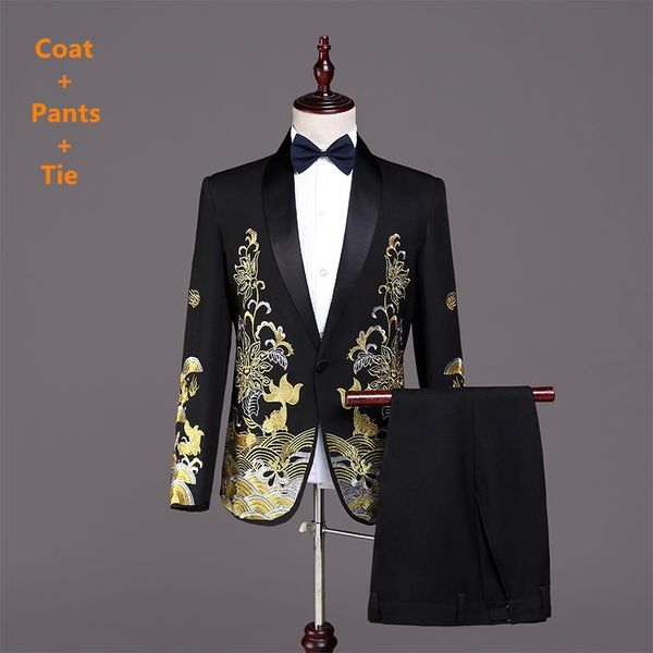 

pyjtrl 2018 male shawl lapel white black red embroidered prom dress suits stage singer costume homme mens suits with pants