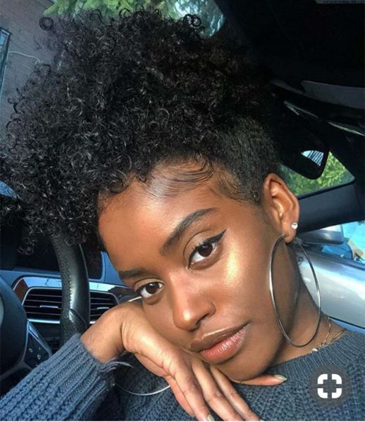 

african american short ponytail hair extension afro kinky curly clip in poppin afro puff bun chignon human hair pony tail 120g, Black