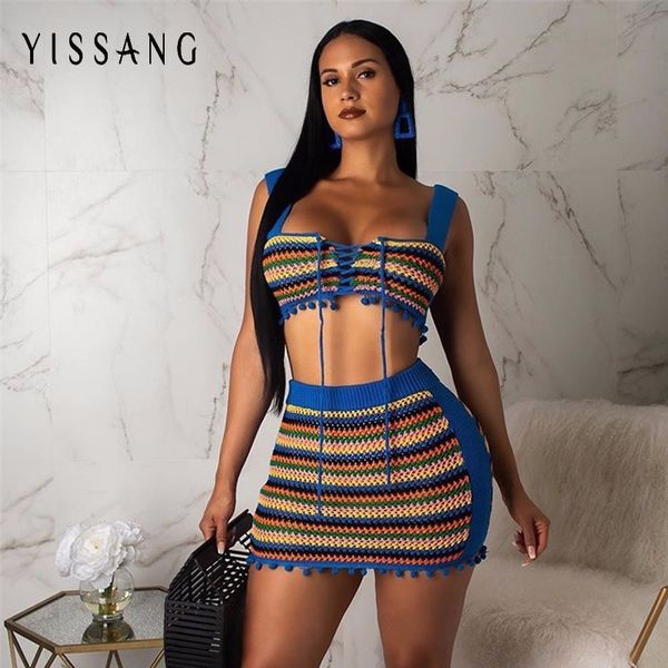 

yissang knitted sweater patchwork two piece set women crop and mini skirts sets wear both sides 2 piece set summer outfits, White
