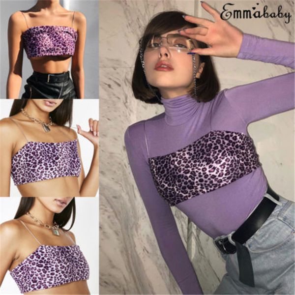 

women leopard camisole crop summer strapless square collar printing purple tanks ladies tank pullovers chiffion, White
