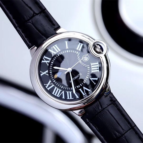 

8217 automatic mechanical movement 316 stainless steel case real moon phase 24 hours running leisure leather strap luxury mens watch x688, Slivery;brown