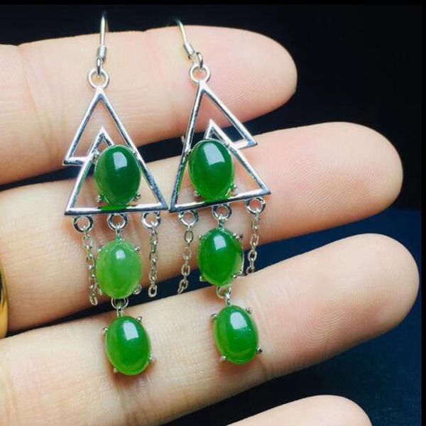 

925 sterling silver natural green jade triangular frame inlaid with jasper egg surface drop earrings for women brincos, Golden;silver