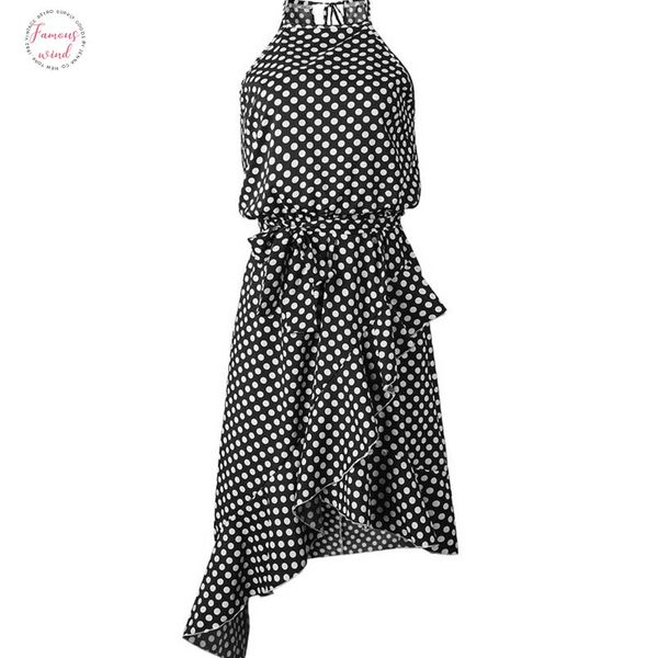 

summer ruffles halter irregular lace up sleeveless dresses for female vestidos vintage women polka dot dress, Black;gray